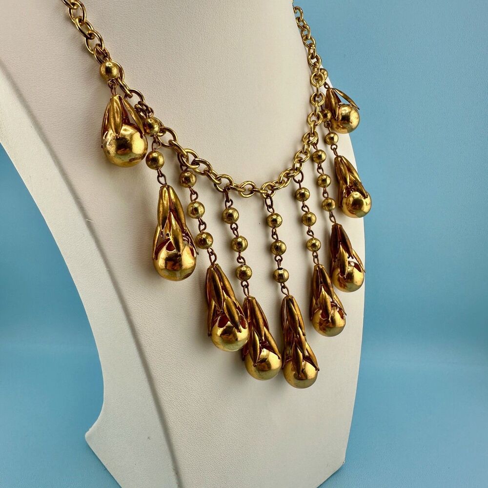 Vintage Art Deco Necklace Fringe Chain Antiqued Gold Tone Etruscan Revival State - Picture 2 of 16